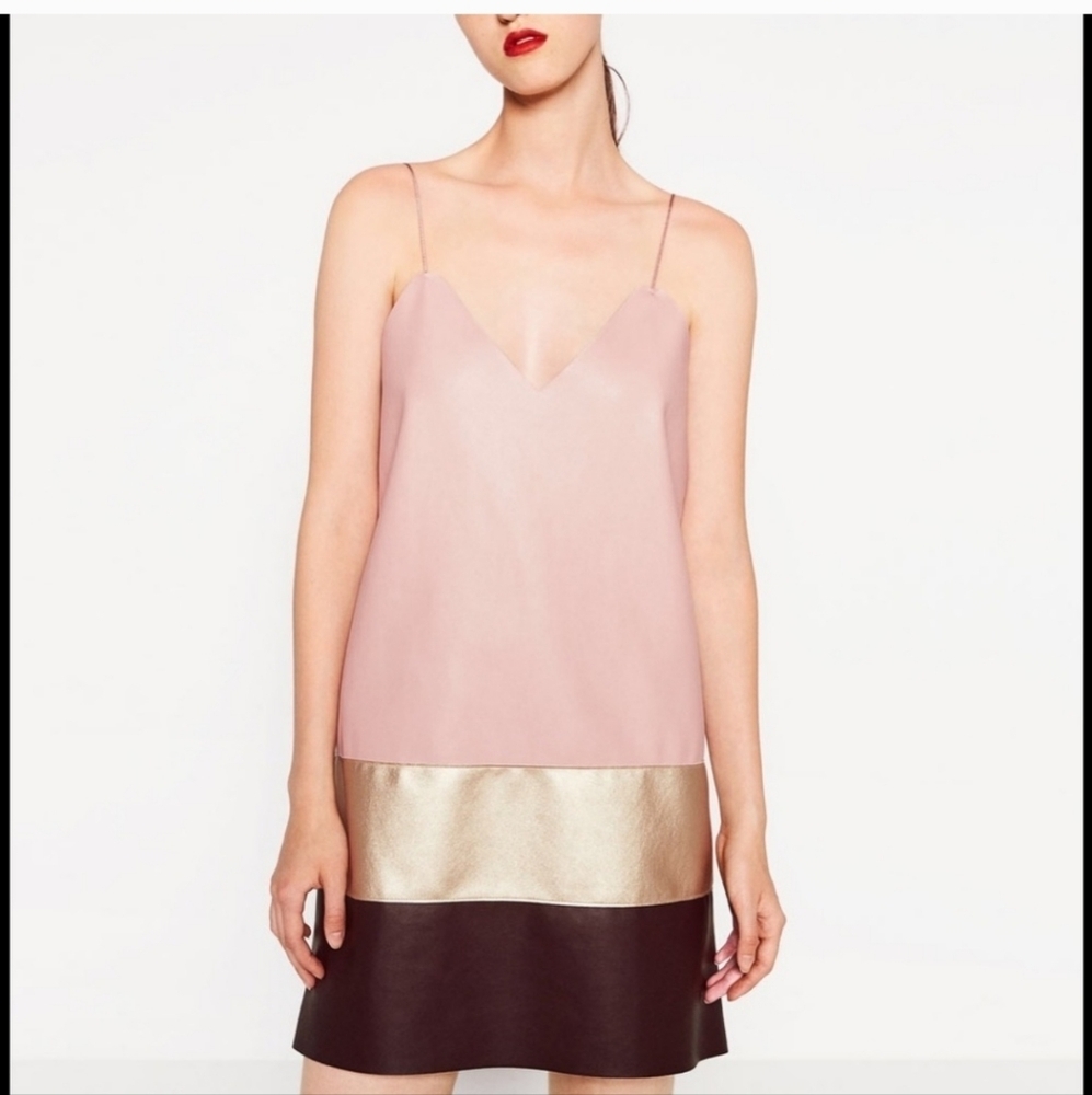Zara pink‎ Gold Burgundy faux vegan leather dress -- small